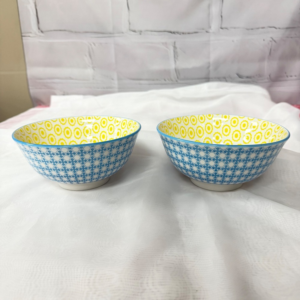 Dover & York Ceramic Bowls Set of 2 Blue White Lattice Yellow Floral Geometric
